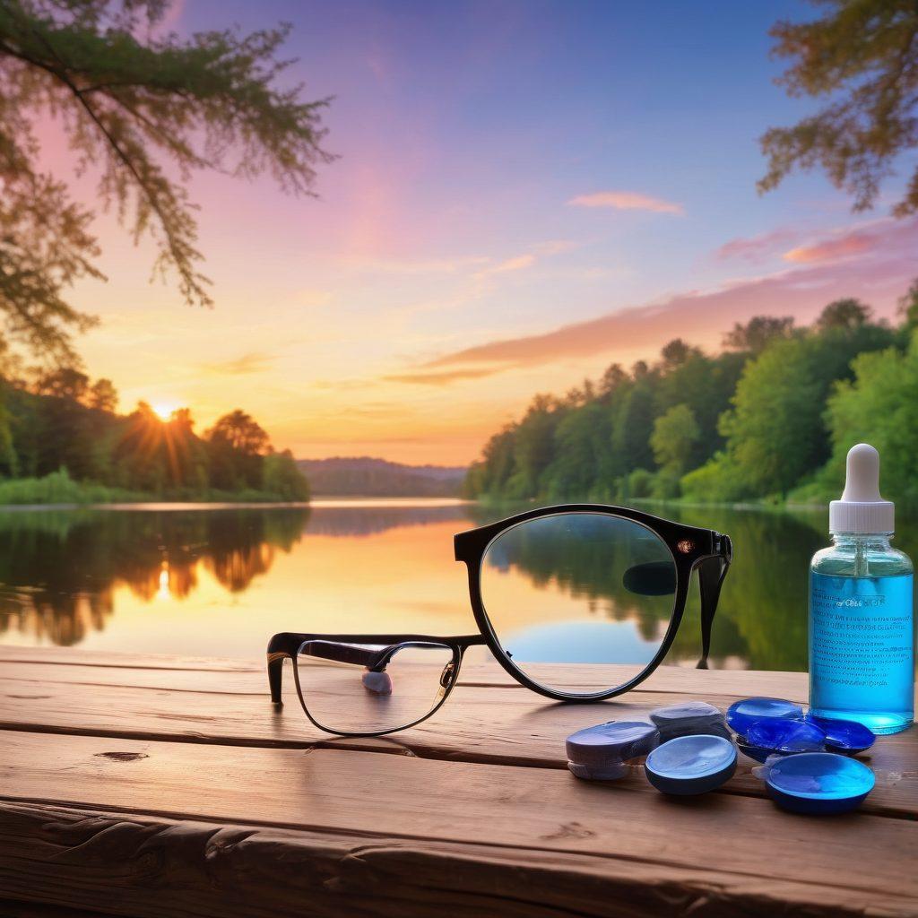 A serene landscape featuring a pair of majestic, vibrant blue eyes overlooking a tranquil lake reflecting a colorful sunset. Nearby, a collection of eye care essentials like glasses, eye drops, and natural remedies are artistically arranged on a wooden table. Lush greenery surrounds the scene, symbolizing wellness and vitality. The overall mood is uplifting and harmonious, inviting the viewer to embrace eye health. super-realistic. vibrant colors. peaceful atmosphere.