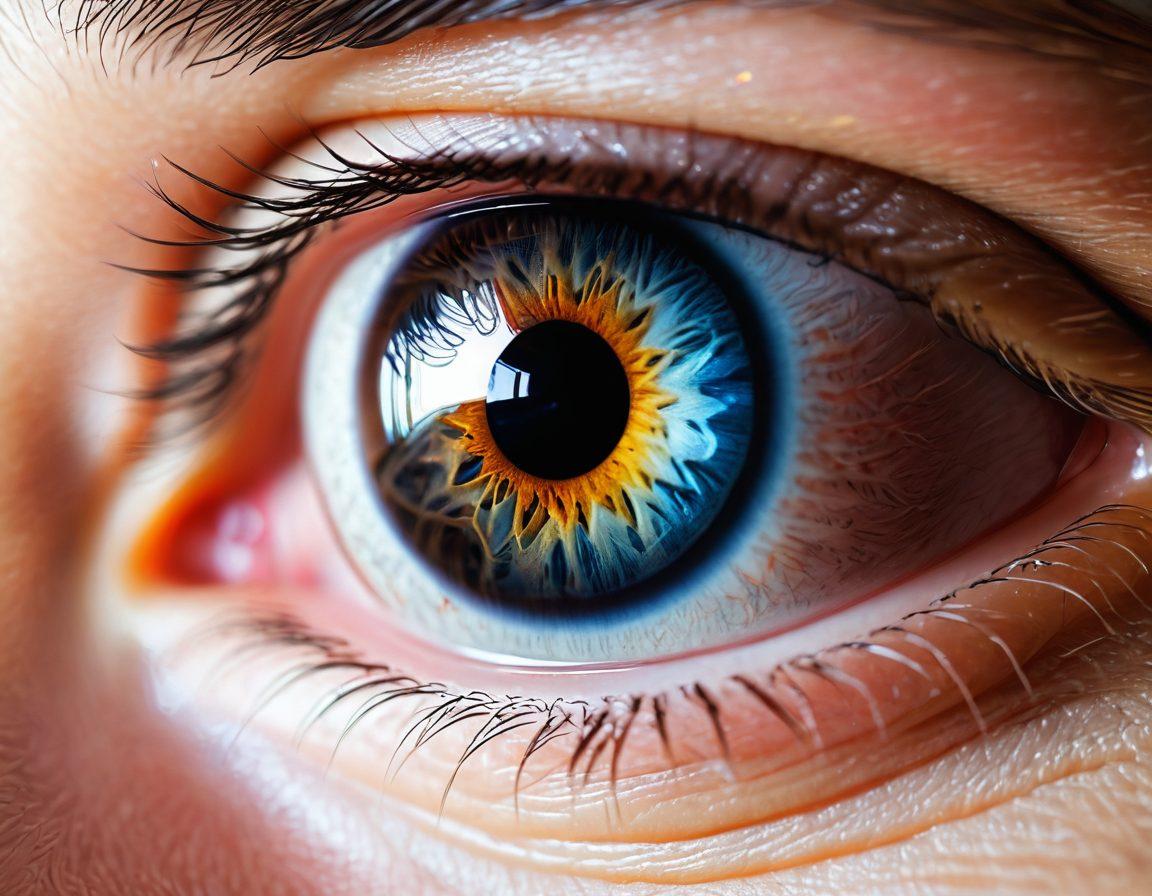 A close-up of a person's eye with a shimmering lens reflecting vibrant colors and intricate technology, surrounded by a gentle glow symbolizing hope and clarity. In the background, soft-focusing images of an optometrist examining a patient's eyes and advanced vision equipment. The atmosphere should exude warmth, innovation, and trust, with a subtly bright ambiance. super-realistic. vibrant colors. soft-focus.