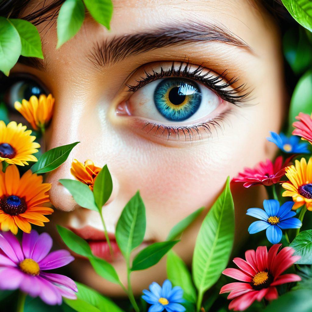 A serene landscape featuring a close-up of two bright, joyful eyes surrounded by lush greenery and colorful flowers, symbolizing eye wellness. Include elements like a sunlight-drenched path winding through nature, illustrating the journey to optimal eye care. Soft bokeh effects enhance the focus on the eyes, creating a feeling of tranquility and happiness. super-realistic. vibrant colors.